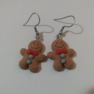 Mini Gingerbread Man Earrings – Holiday Polymer Clay Dangles with Red Bow Ties